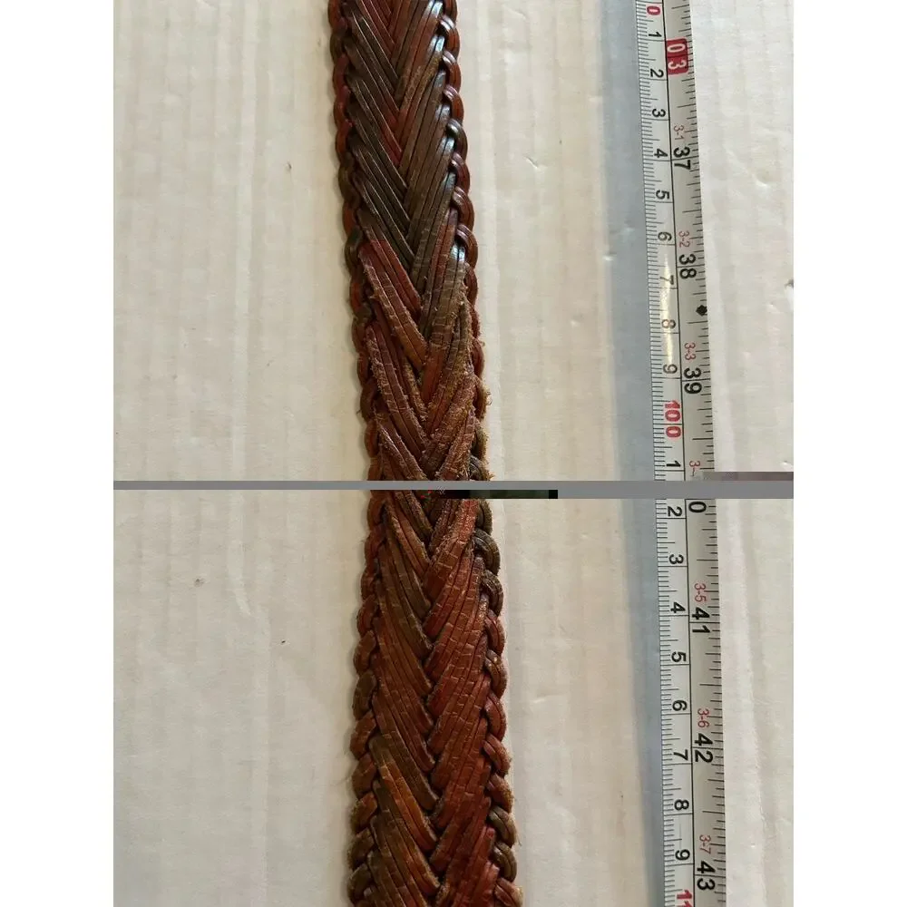 Vtg Mens Braided Belt Brown Variegated Leather Solid Brass Buckle Casual Sz 36
